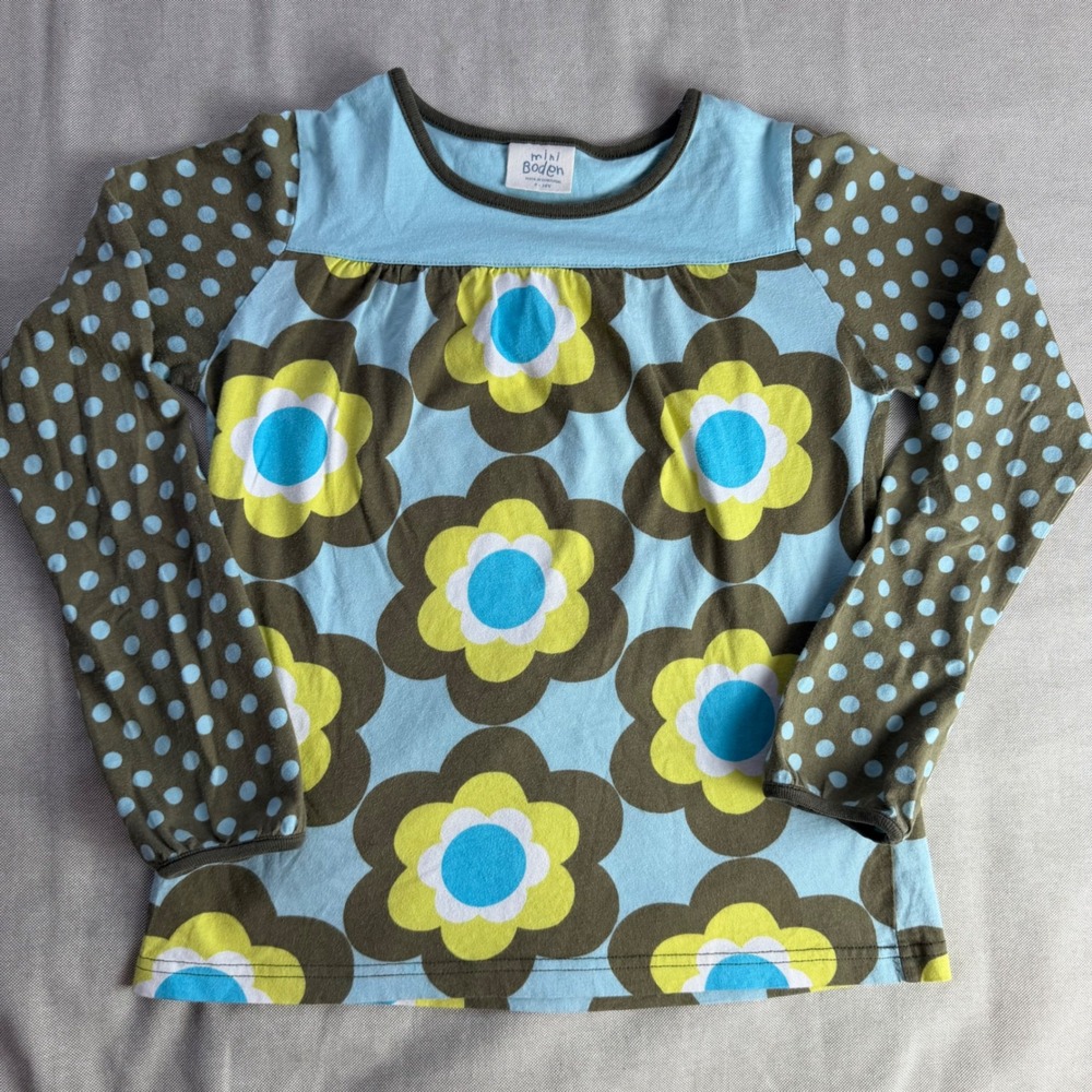 Mini Boden Girls Floral Polka Dot Long Sleeve Top Blue Olive 9-10Y Retro